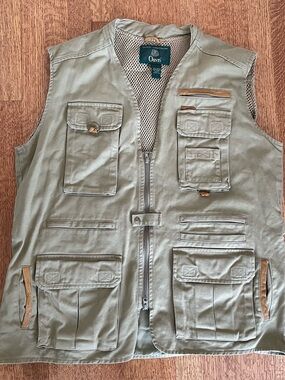 Vtg Orvis Multi-Pocket Utility Vest Men’s XL Beige Safari Fishing Leather Trim